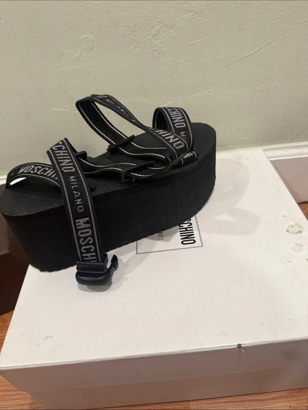 Moschino Black Logo Webbing Platform Sandals